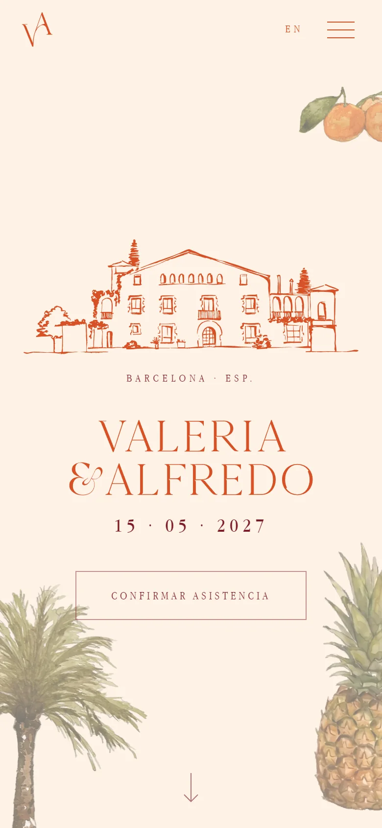 Portada del sitio web de boda de Valeria & Alfredo